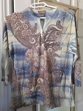 Jane Ashley Blue and Beige Paisley Floral Henley Tunic Top